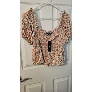 NWT Lulus Such A Flirt Sage Floral Smocked Peplum Puff Sleeve Top Large L